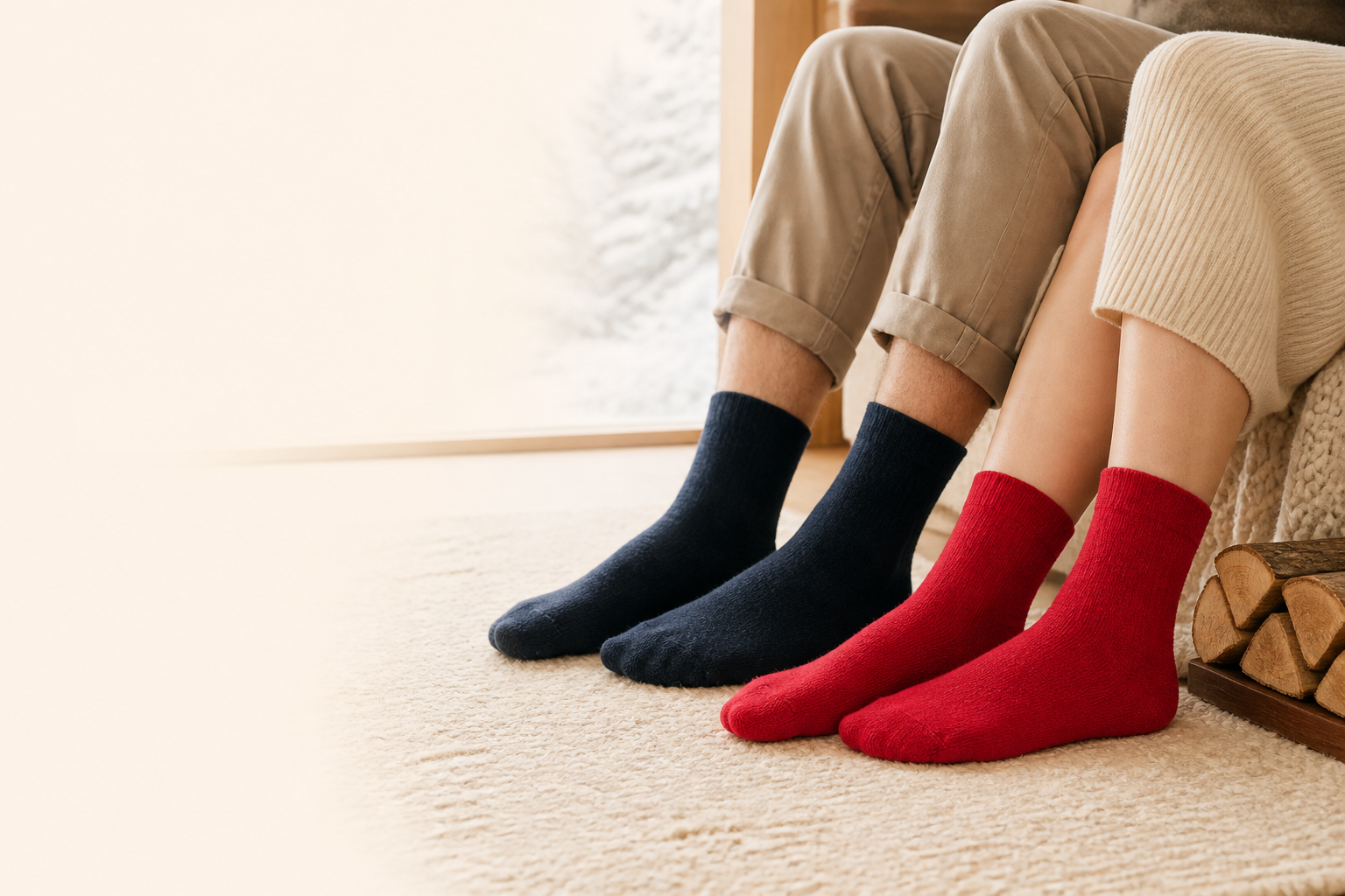 Men and women wearing warm winter socks at home