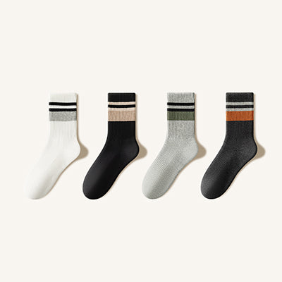 Men's Crew Socks Winter Thickened 4 Pairs Long Staple Cotton Striped Terry Lining