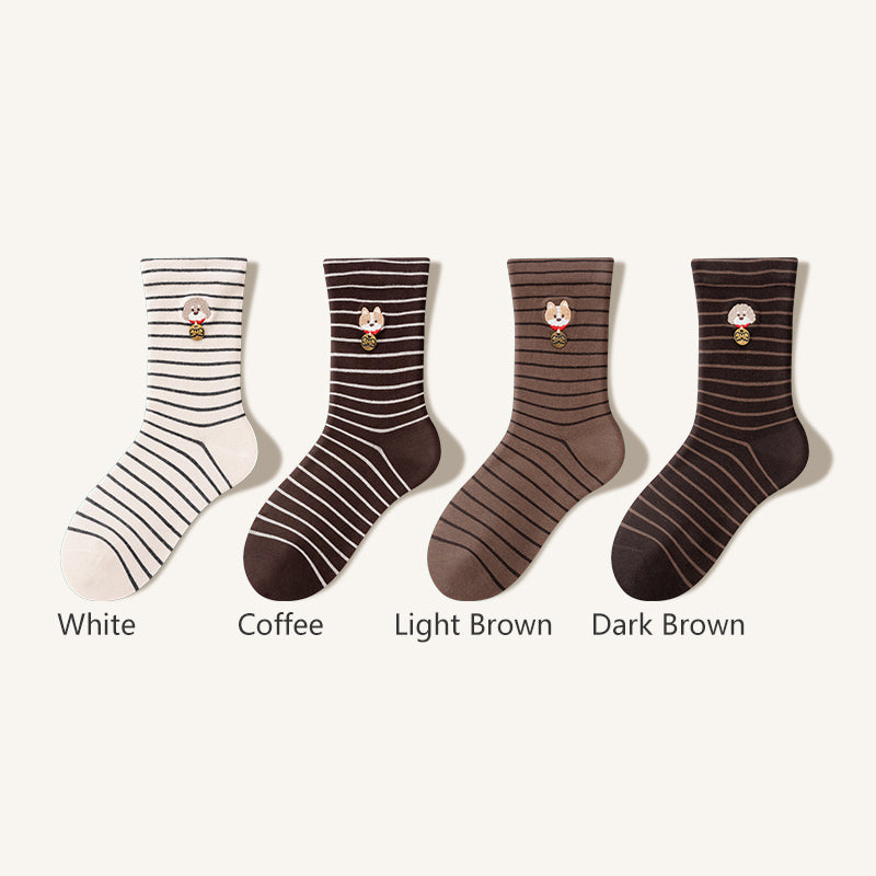 Women's Striped Cotton Crew Socks with Cute Pet Embroidery - 4 Pack