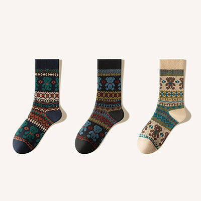 Women's Cotton Crew Socks - Patterned Literary Style Winter Socks 3 Pack