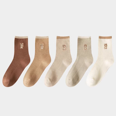 Women's Crew Socks Long Staple Cotton 5 Pairs Cartoon Embroidery