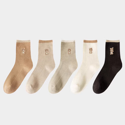 Women's Crew Socks Long Staple Cotton 5 Pairs Cartoon Embroidery