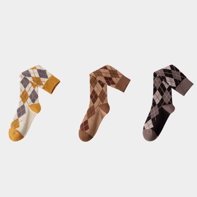 Women's Calf Socks Long Staple Cotton 3 Pairs Argyle Pattern
