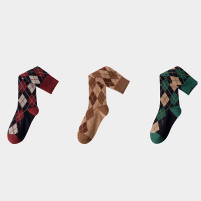 Women's Calf Socks Long Staple Cotton 3 Pairs Argyle Pattern