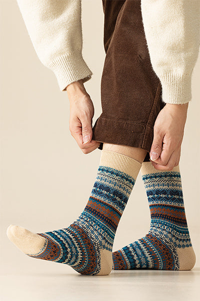 Men's Cotton Crew Socks - Marled Ethnic Style Winter Socks 3 Pack