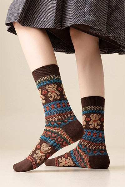 Women's Cotton Crew Socks - Patterned Literary Style Winter Socks 3 Pack