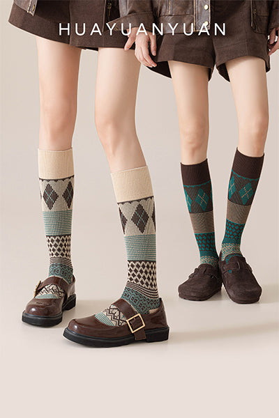 Women's Cotton Calf Tube Socks - Patterned Literary Style Winter Socks 2 Pack