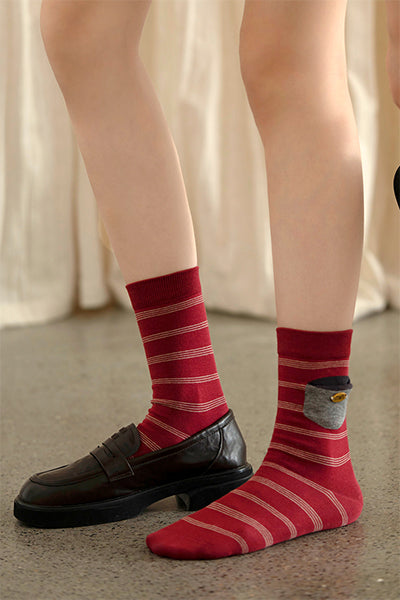 Women's Striped Cotton Crew Socks with Wallet Detail - 4 Pack