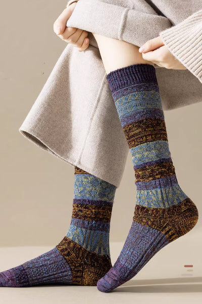 Women's Calf Socks Long Staple Cotton 2 Pairs Chunky Knit Retro