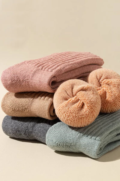 Women's Crew Socks 60%Wool 2 Pairs Terry Thickened Solid Color