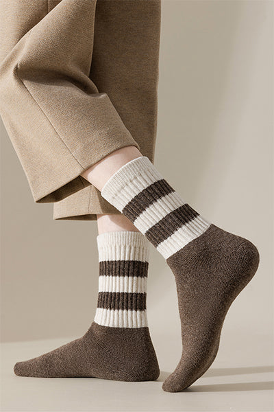 Men's Extra Thick Wool Crew Socks - Terry Lined Striped Thermal Winter Socks 2 Pack