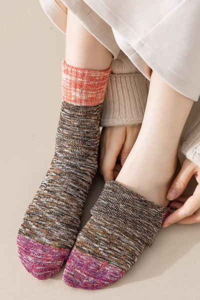 Women's Crew Socks Long Staple Cotton Terry Thickened 4 Pairs Retro Marled