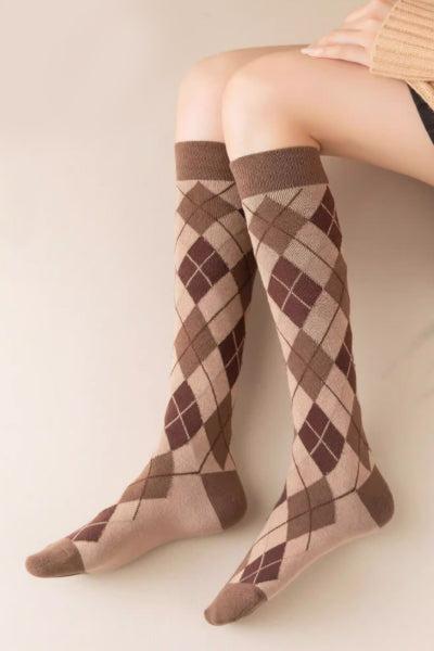 Women's Calf Socks Long Staple Cotton 3 Pairs Argyle Pattern