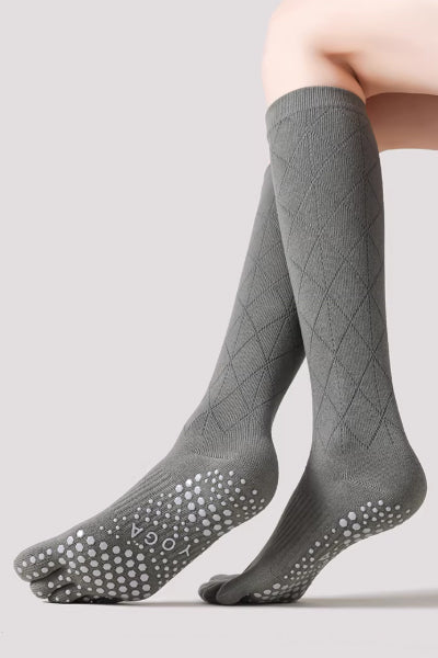 Women's Calf-Length Knee High Sports Yoga Toe Socks Long Staple Cotton 1 Pair Silicone Gripper Sole