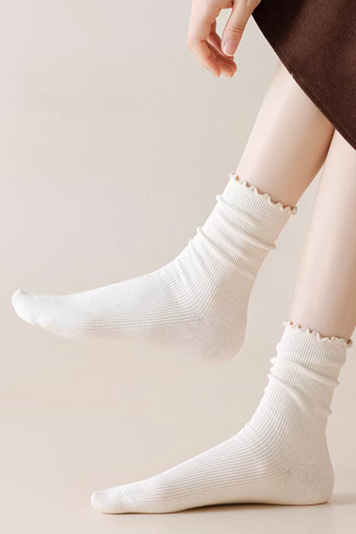 Women's Crew Socks Long Staple Cotton 5 Pairs Ruffled Solid Color