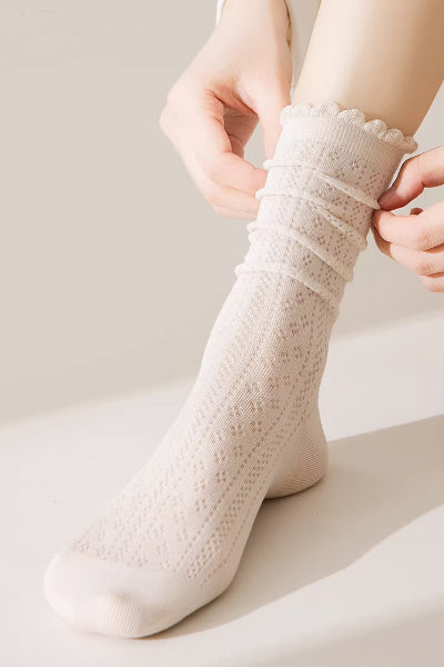 Women's Crew Socks Long Staple Cotton 5 Pairs Ruffled Mesh