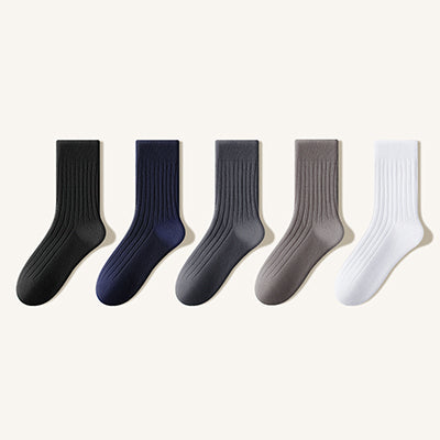 Men's Crew Socks Long Staple Cotton 5 Pairs Ribbed Solid Color