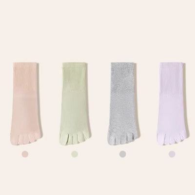 Women's Crew Socks Long Staple Cotton 4 Pairs Five-Toe Socks Solid Color