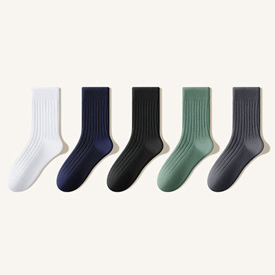 Men's Crew Socks Long Staple Cotton 5 Pairs Ribbed Solid Color