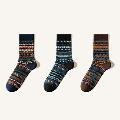 Men's Cotton Crew Socks - Marled Ethnic Style Winter Socks 3 Pack