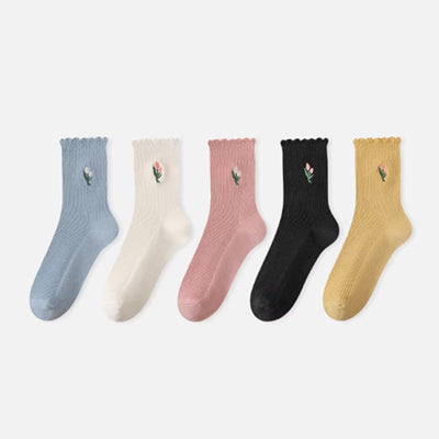 Women's Crew Socks Long Staple Cotton 5 Pairs Floral Embroidered Ruffled