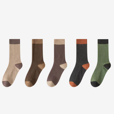 Women's Crew Socks Long Staple Cotton 5 Pairs Color Block Striped