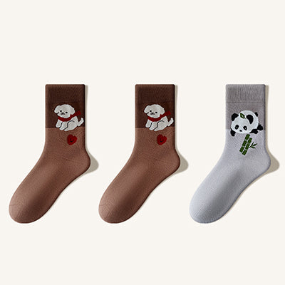 Women's Crew Socks Long Staple Cotton Thick Terry Lined 3 Pairs Cartoon Patterned Knit