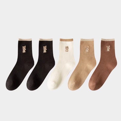 Women's Crew Socks Long Staple Cotton 5 Pairs Cartoon Embroidery