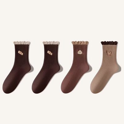 Women's Crew Socks Long Staple Cotton 4 Pairs Ruffled Embroidery