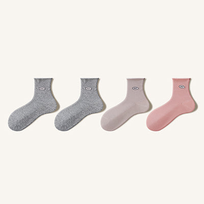 Women's Crew Socks Winter 4 Pairs Long Staple Cotton Embroidered Rolled Cuff