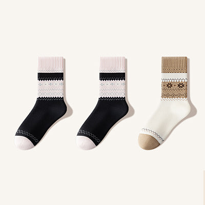 Women's Crew Socks Long Staple Cotton Winter Extra Thick Terry Lined 3 Pairs Thermal Patterned Knit