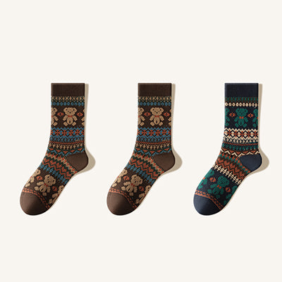 Women's Cotton Crew Socks - Patterned Literary Style Winter Socks 3 Pack