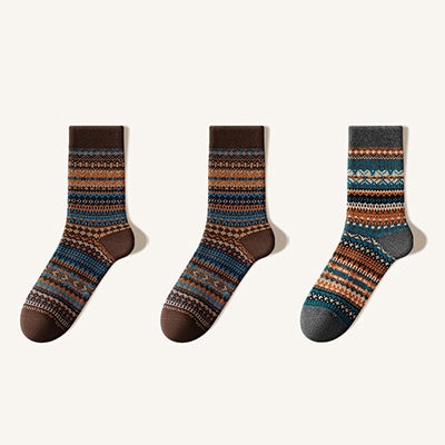 Men's Cotton Crew Socks - Marled Ethnic Style Winter Socks 3 Pack