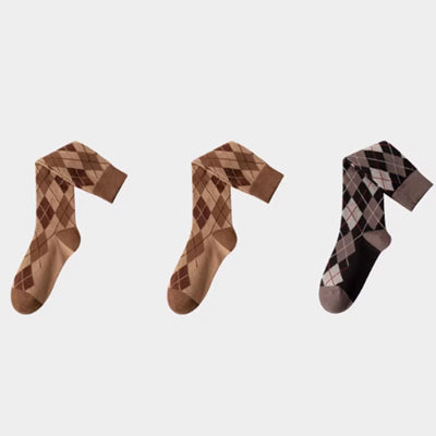 Women's Calf Socks Long Staple Cotton 3 Pairs Argyle Pattern