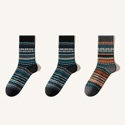 Men's Cotton Crew Socks - Marled Ethnic Style Winter Socks 3 Pack