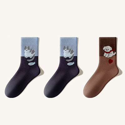 Women's Crew Socks Long Staple Cotton Thick Terry Lined 3 Pairs Cartoon Patterned Knit