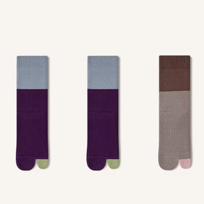 Women's Crew Socks - Premium Long Staple Cotton 3 Pairs Pack | Two-Toe Split Toe Color Block