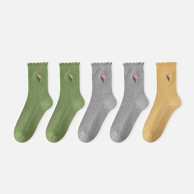 Women's Crew Socks Long Staple Cotton 5 Pairs Floral Embroidered Ruffled