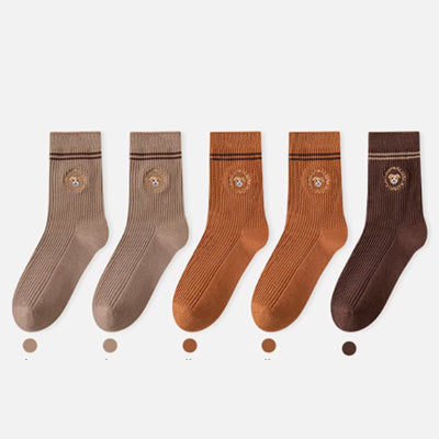 Women's Crew Socks Long Staple Cotton 5 Pairs Embroidered