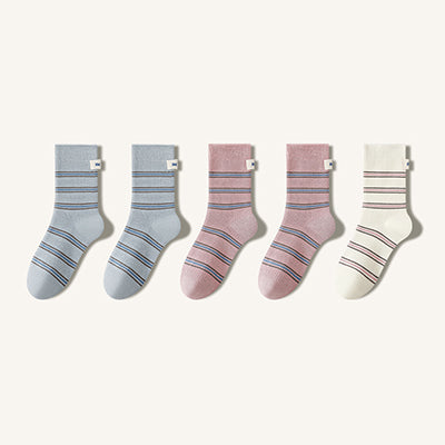 Women's Striped Cotton Crew Socks with Label Detail - 5 Pack