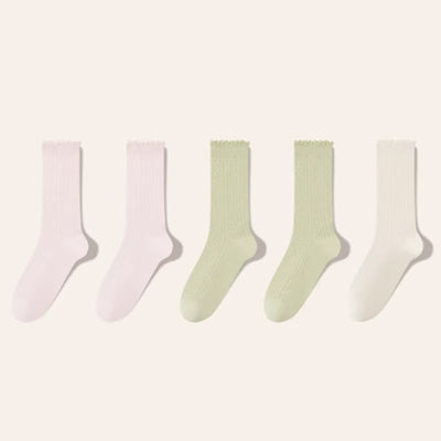 Women's Crew Socks Long Staple Cotton 5 Pairs Ruffled Mesh