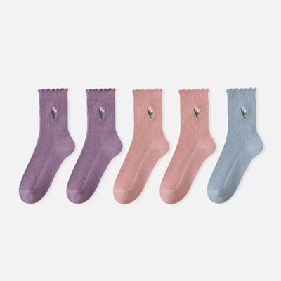 Women's Crew Socks Long Staple Cotton 5 Pairs Floral Embroidered Ruffled