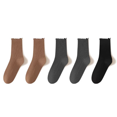 Women's Crew Socks Long Staple Cotton 5 Pairs Ruffled Solid Color