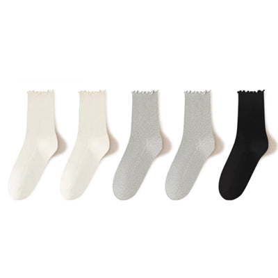 Women's Crew Socks Long Staple Cotton 5 Pairs Ruffled Solid Color