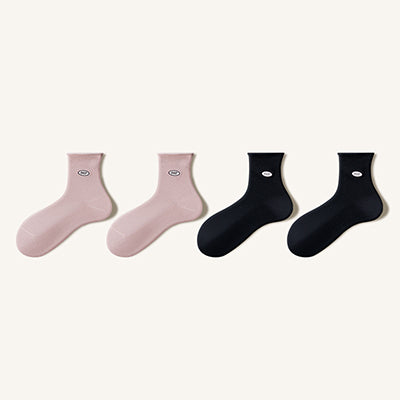 Women's Crew Socks Winter 4 Pairs Long Staple Cotton Embroidered Rolled Cuff