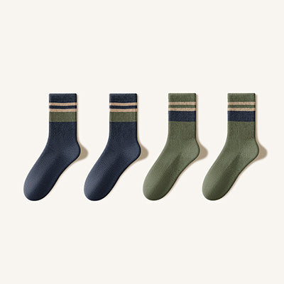 Men's Crew Socks Winter Thickened 4 Pairs Long Staple Cotton Striped Terry Lining