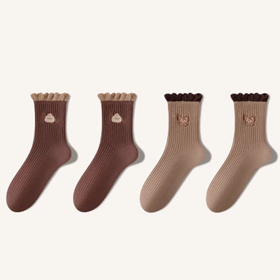 Women's Crew Socks Long Staple Cotton 4 Pairs Ruffled Embroidery