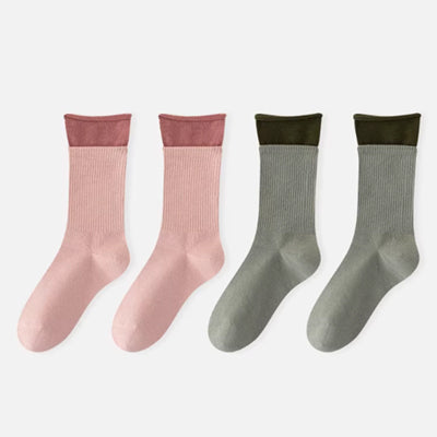 Women's Crew Socks Long Staple Cotton 4 Pairs Double-Layer Cuff