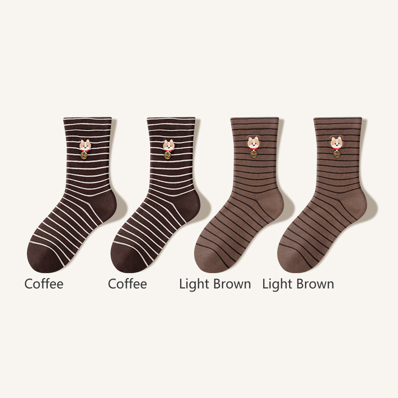 Women's Striped Cotton Crew Socks with Cute Pet Embroidery - 4 Pack