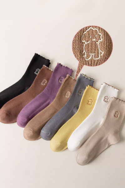 Women's Crew Socks Long Staple Cotton 5 Pairs Ruffled Embroidery